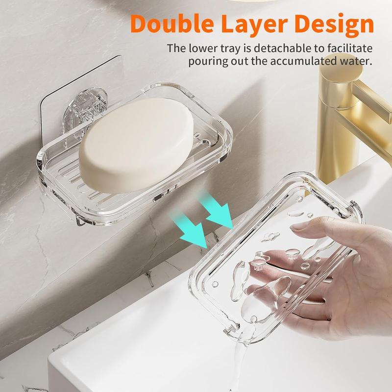 Bar Soap Dish 2 Pack,Self Draining Soap Holder for Shower,Wall Mounted Soap Saver with Strong Adhesive, No Drilling Clear Plastic Holder for Bathroom Storage & Kitchen Sink Organizer,Keeps Soap Dry