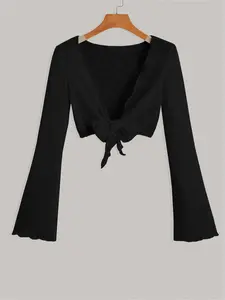 Women's Solid Color Open Front Crop Cardigan, Casual Long Sleeve Tie Front Knitwear for Summer, Fashion Women's Knit Clothing for Daily Wear, Tops, Basic, Womenswear