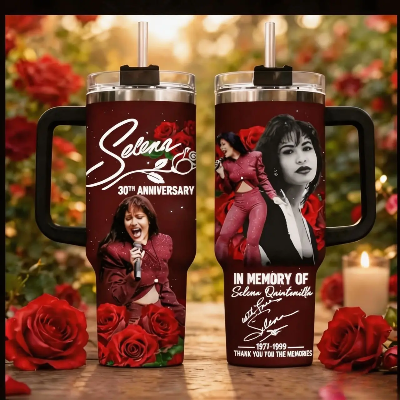 Summer sale Selena Como La Flor PortableStainless Steel Tumbler (30oz/40oz) - PurpleGlitter Latina Music Fan Cup with SingerGraphic, Rose Signature Artwork, Handle,Printed Lid, Travel Drinkware (No StrawIncluded), Insulated