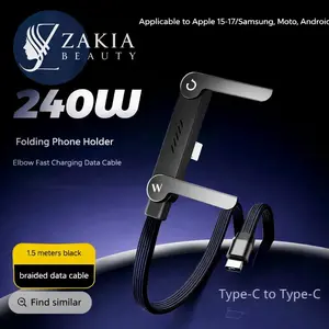 Zakia Beauty Invisible Holder Charger Cable with Stand , 240w super Fast charging 2-in-1 Fast Charging Cord & Phone Stand for Gaming, Office, Car Travel, Compatible with iphone, Samsung Type-C to Type-C cable featuring a built-in folding