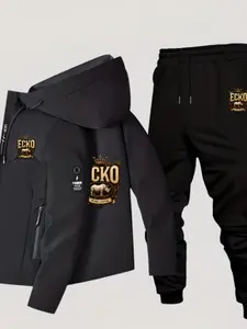 Men's Casual Hooded Jacket and Pants Set, Ecko Print, Zipper Closure, Long Sleeve, Fitted, Non-Elastic Fabric, Fall & Winter Outdoor Sports, Streetwear Tracksuit Set