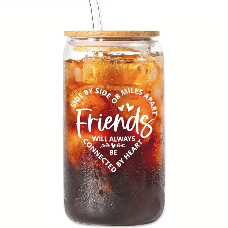 1 Set 16 Oz Ice Coffee Cup with Lid and Straw, Reusable Glass Cup, Glass Beverage Cups, Perfect Birthday Gift for Best Friends, Soulmates, Sisters, Bff, Stylish Glass Cups