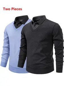 Men's 2-Pack Fake Two-Piece V Neck Long Sleeve Sweater, Colorblock Shirt Collar Effect, Soft Fabric, Ribbed Hem, Fall & Winter Casual Wear