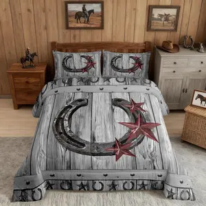 Grey Rustic Barn Bedding Set,Western Cowboy Horseshoe Comforter Set,Kids Boys Adults Teens Room Decor Vintage Farmhouse Wooden Quilt Set
