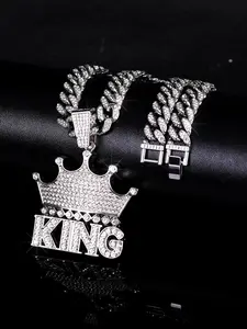 Hip Hop Fashion Crown Set with King Pendant, Iced Out Blingling Cuban Chain Necklace, Women's Streetwear Jewelry for Daily Wear & Gifts