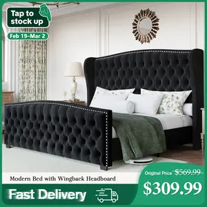 [FebruaryStockUpSale] AMERLIFE Modern Bed Frame with Wingback Headboard, Velvet Upholstered Bed Frame with Handmade Button Tufted & Nailhead, Wooden Slats Support/Luxury Bedroom Furniture/Queen/King/California King Size/Best Gift Ideas/Christmas Gifts