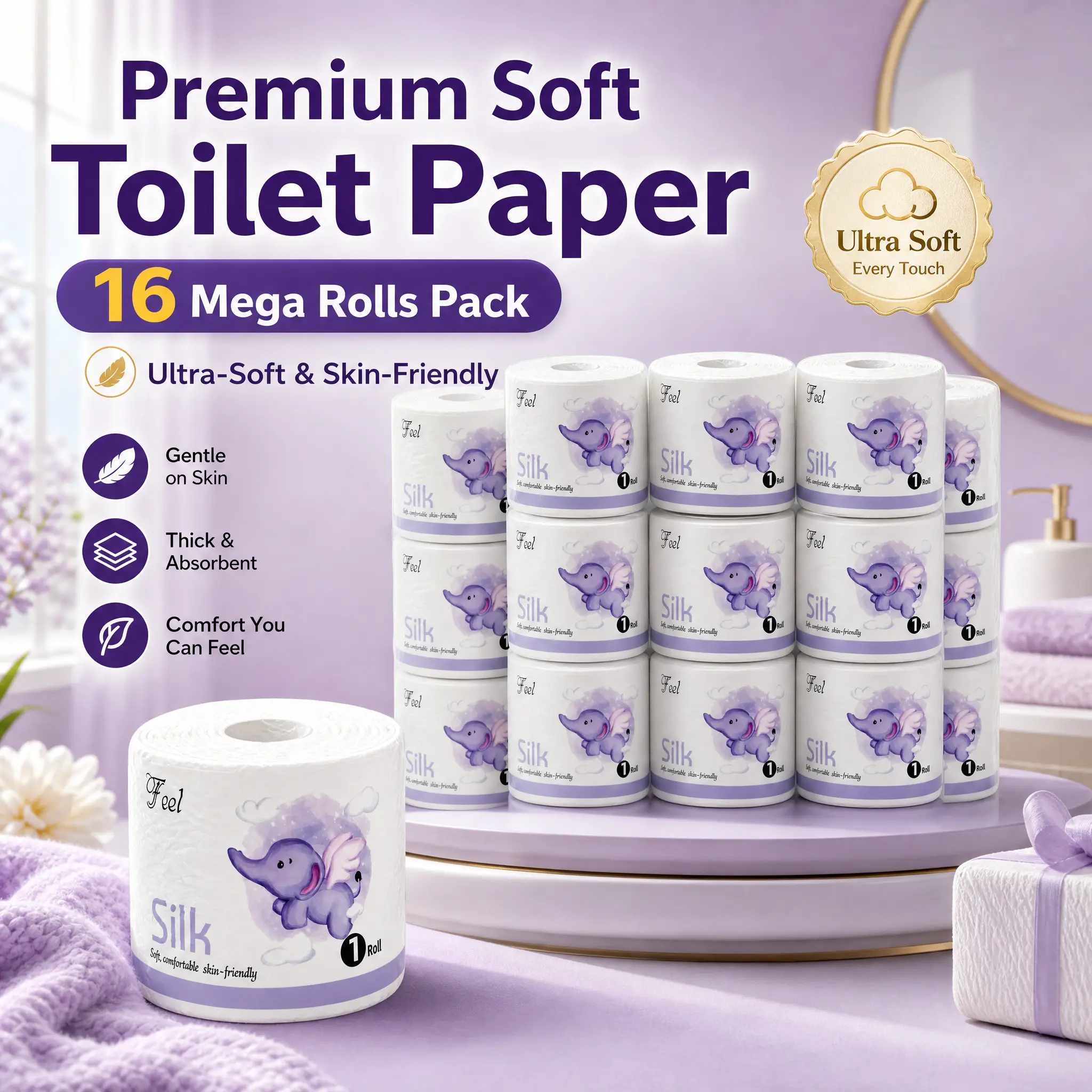 16-roll household toilet paper, made from virgin wood pulp, ultra-soft and strong, 4-ply, gentle on skin, thick and unstained paper, no flakes, suitable for hotels, dining cars, offices, homes, toilets, and bathrooms