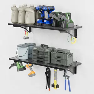 EROMMY 2-Pack Heavy Duty Steel Adjustable Wall-Mount Garage Shelving, 1.64x4FT, 500 lbs Load Capacity, Metal Floating Organizer with Hooks for Workshop, Home Decor Storage Solution