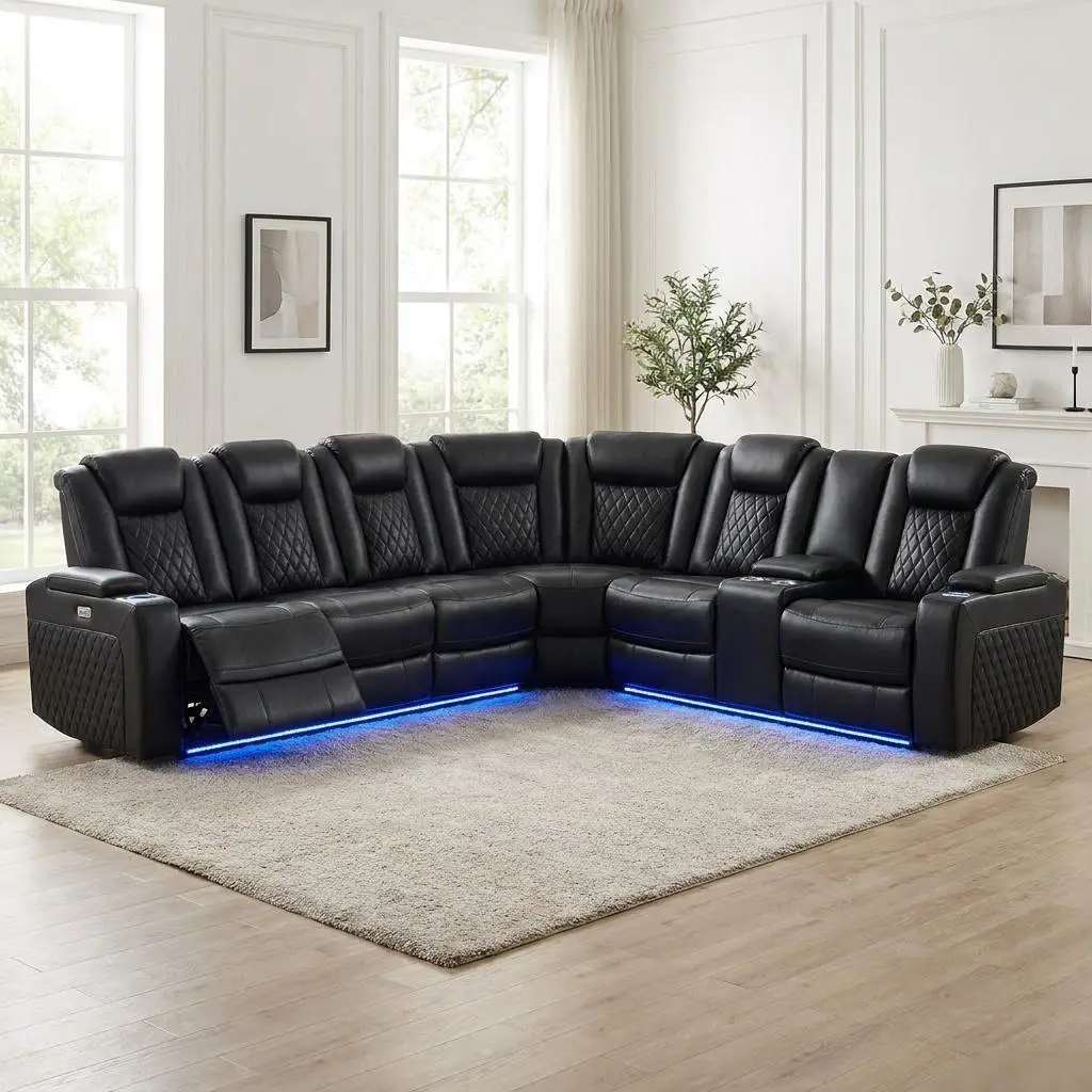 Black Breathing Leather 3-Piece Living Room Recliner Sofa