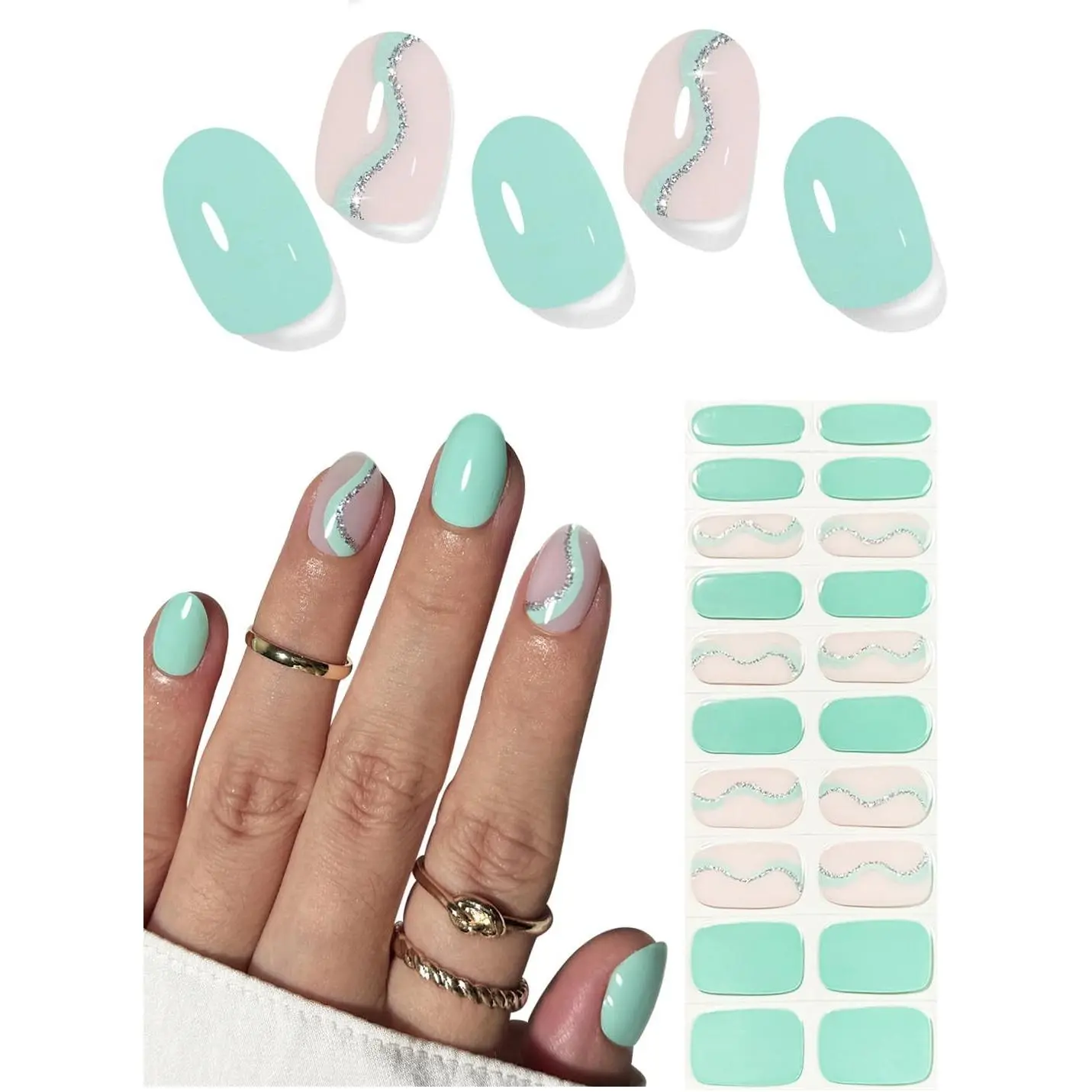 UV Gel Nail Stickers, Mint Green Strips 20pcs Semi Cured Gel Nail Strips, Wraps for Home Manicure DIY Gift