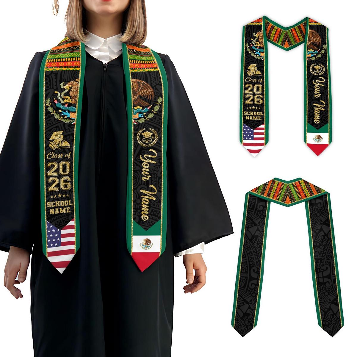 Custom Mexican Graduation Stoles 2026, Class of 2026, Mexican American Flag Graduation Sash, Hispanic Sash