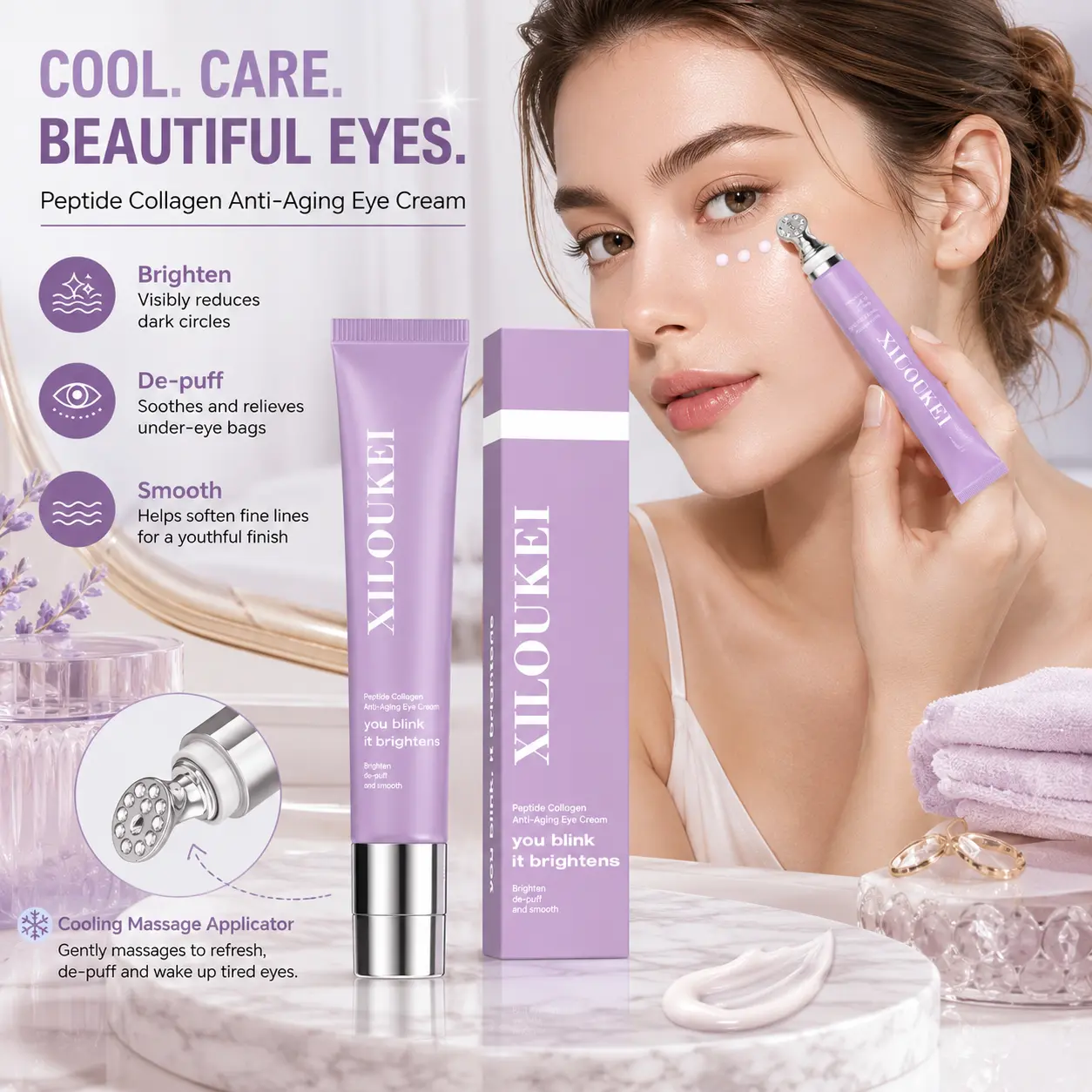 Peptide Collagen Eye Cream - Alcohol-Free, Moisturizing Anti-Aging Treatment for Dark Circles, Puffiness, Fine Lines, Dull Skin; Unisex Floral-Scented Formula for Youthful Brightening & All Skin Types