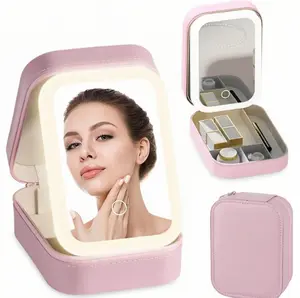 Rechargeable Makeup Mirror for Women, Travel Cosmetic Case Organizer with 3 Color Dimmable Mirror, Jewelry Storage Box & Beauty Tool Holder, Perfect Gift for Her