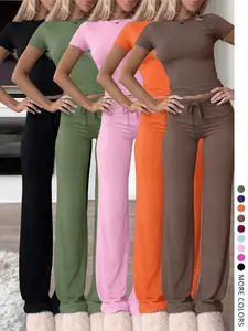 LW HOME Women's Fashion Casual Solid Color Round Neck Short Sleeve T-Shirt and Drawstring Long Pants Set, Summer Women's Wear, Perfect for Home