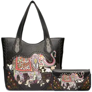 Elephant Design Tote Bag & Wallet Set - Black Leather with Colorful Embroidery - Perfect for Everyday Use