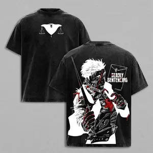 Men's Unisex Oversize Heavyweight Cotton Hiromi Higuruma Washed Vintage Tee - Jujutsu Kaisen Judgeman Deadly Sentencing Graphic T-Shirt, JJK Manga Streetwear Short-Sleeve Top, Trendy Gift Merch Menswear Sleeve Gamis Fashion Crew Neck