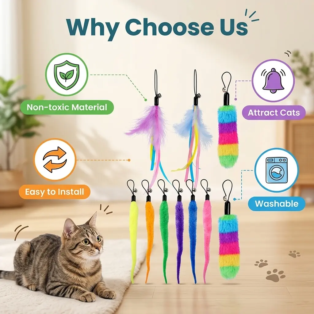 Cat Wand Replacement Feather Worm Snake, 10 Pieces Cat Wand Attachments Assorted Snakes Worms Feathers Refill Toy for Indoor Cats