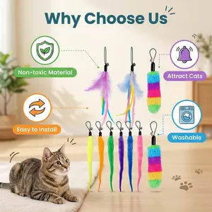 Cat Wand Replacement Feather Worm Snake, 10 Pieces Cat Wand Attachments Assorted Snakes Worms Feathers Refill Toy for Indoor Cats