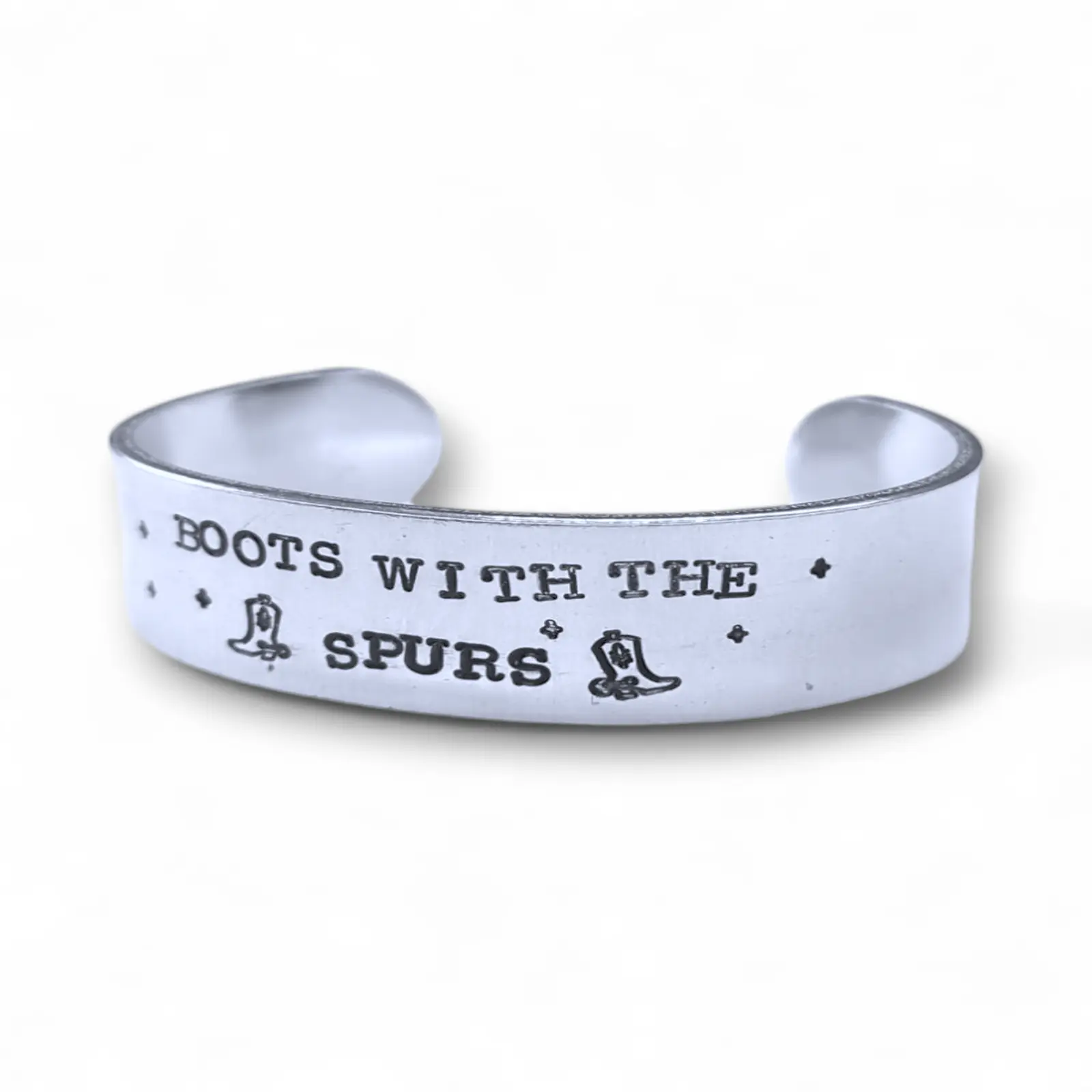 Stampede Jewelry Hand Stamped Bracelet Boots with The Spurs Unique Cowgirl Quote Adjustable Comfortable Western Inspired Design
