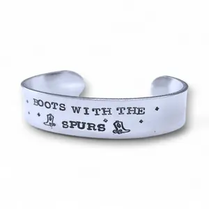 Stampede Jewelry Hand Stamped Bracelet Boots with The Spurs Unique Cowgirl Quote Adjustable Comfortable Western Inspired Design