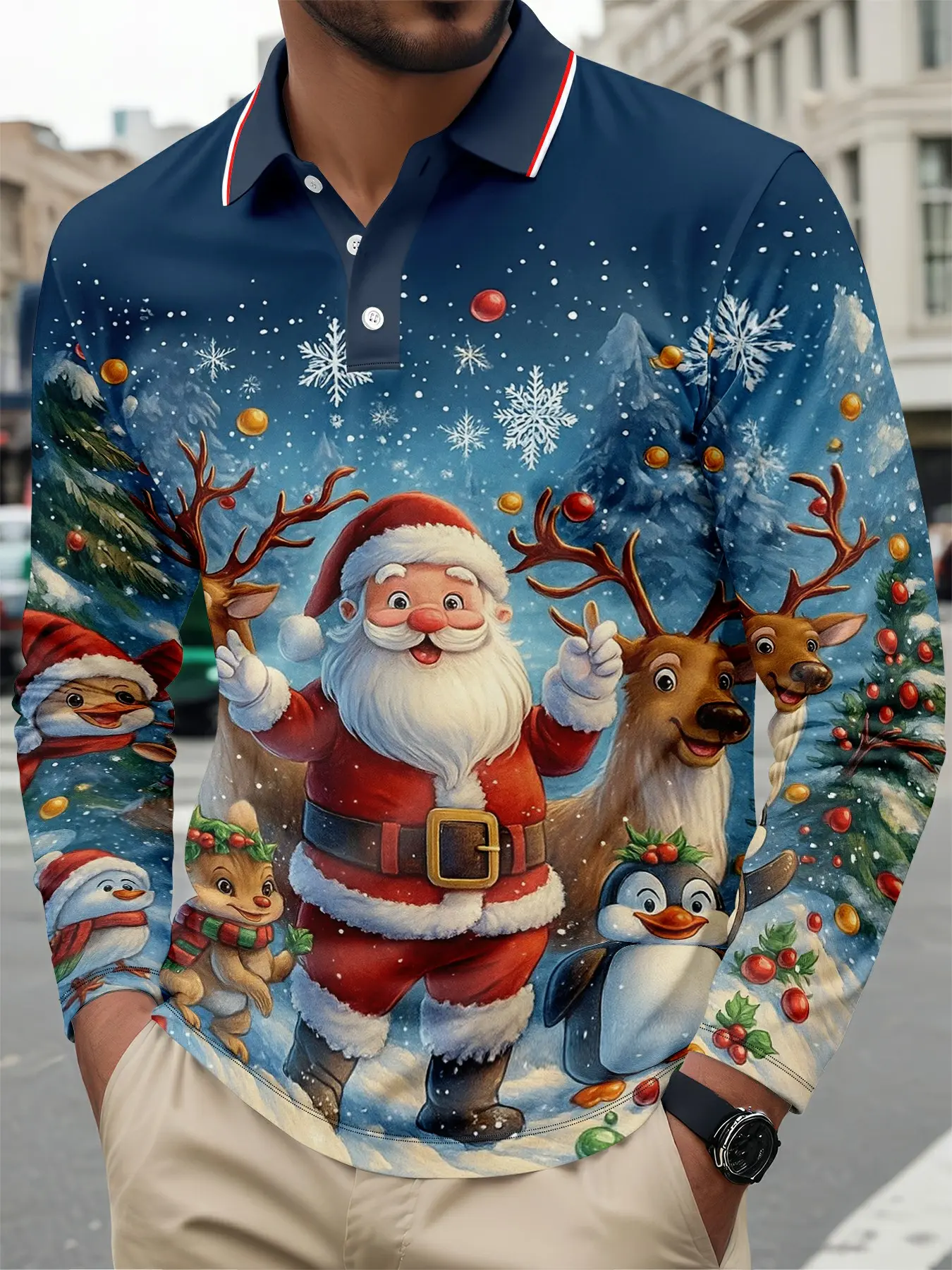 Men's Christmas Santa Reindeer Penguin Print Long Sleeve Polo Shirt, Breathable Comfort Fit Casual Fashion Top for Spring & Fall