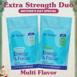 Extra Strength Duo - Energy & Focus Caffeine Gum (100mg) - Multi Flavor (2-Bulk Pouches)