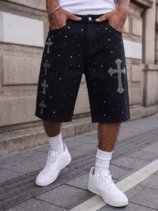 Cross rhinestone decorated black casual street style loose non-stretch denim shorts, summer