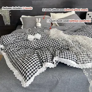 3pcs Soft Lace Trim Bed Linen Set in and Checkered Pattern, Includes Duvet Cover and Pillowcases for Cozy Bedroom Decor, Decorative Bedding Set