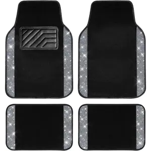 Bling Diamond Car Floor Mats, Shining Rhinestone Carpet Sparkly Glitter Crystal with Anti-Slip PVC Heel Pad Waterproof Universal Fit Automotive SUV,Sedan,Van,Cute Girl Women,4pcs Black Sliver