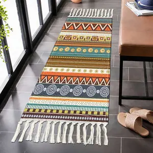 Moroccan Style Colorful Striped Fringe Rug, Entrance Hall Bedroom Bedside Long Decorative Mat, 0.8cm Thickness Premium Faux Wool Material