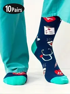 10 Pairs Cartoon Nurse Socks, Fun Medical Theme, Doctor Nurse Hospital Workers Exclusive, Casual Style, All Seasons