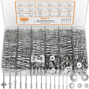 INCLY 1000PCS Aluminum Pop Rivets Assortment Kit, 14 Sizes Pop Rivets (3/32" 1/8" 5/32" 3/16" 1/4") with 5 Size 304 Stainless Steel Backup Washers, Assorted Blind Rivets for Metal with Storage Case