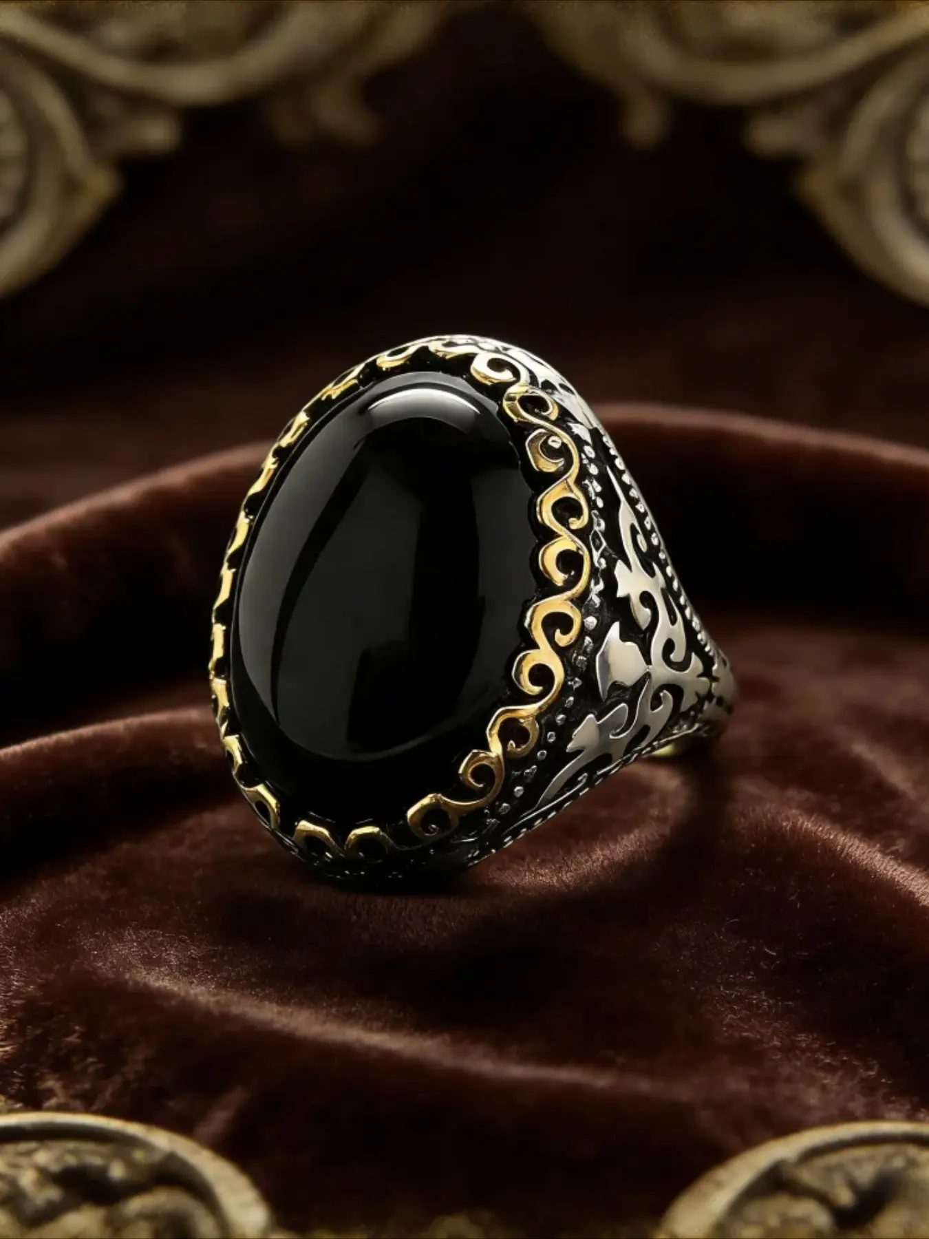 Vintage Men‘s Obsidian Signet Ring, 13x18mm Black Gemstone Set in Antiqued Silver, Masonic Style Bold Jewelry for Him