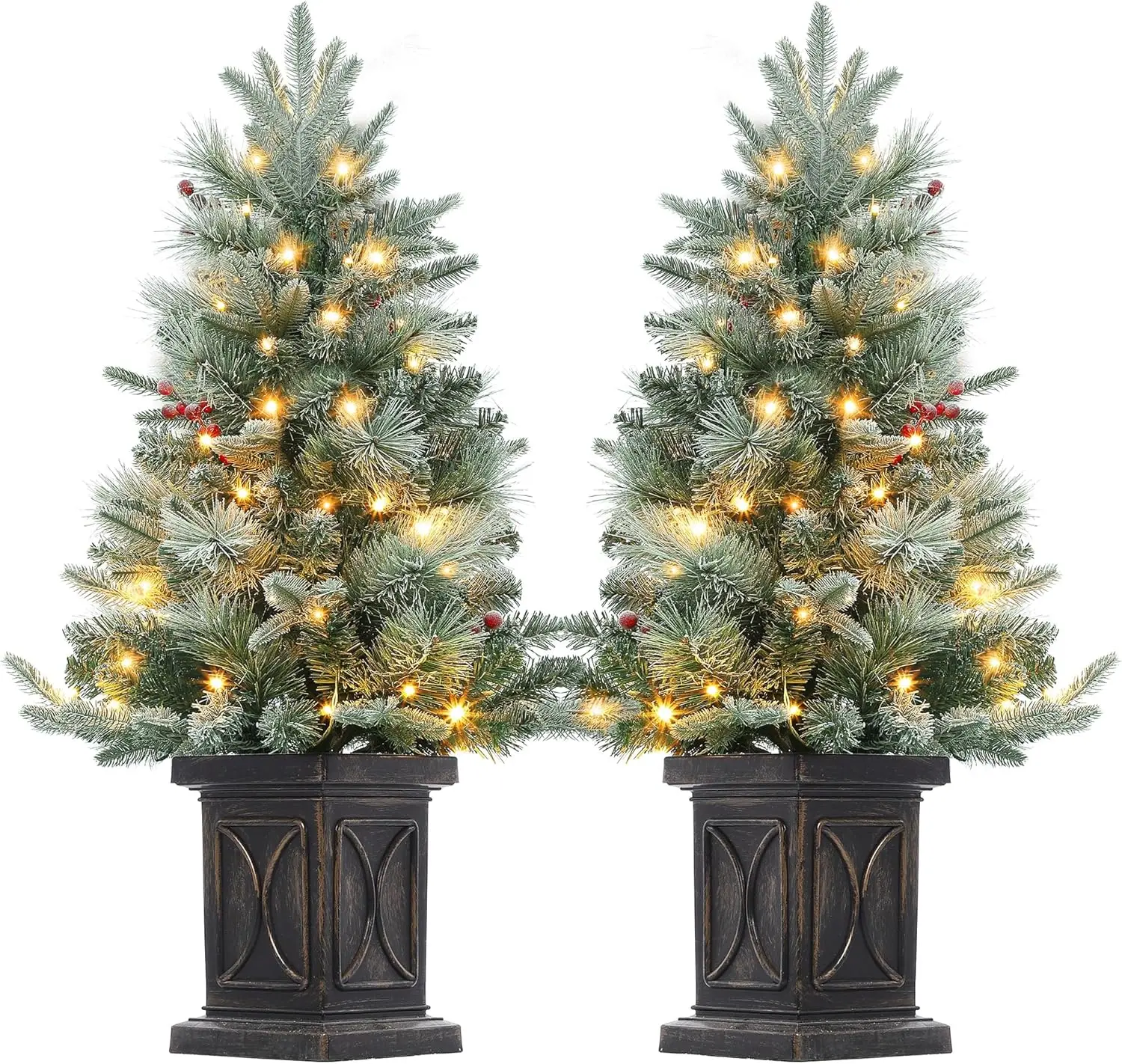 2-Set 3 ft Pre-Lit Tabletop Artificial Christmas Tree - 78 LED Timer Lights, Snow Flocked, Arc Brown Base, Battery Operated, Fruits & Ornaments Lighting for Home Room Decoration, Timer Light