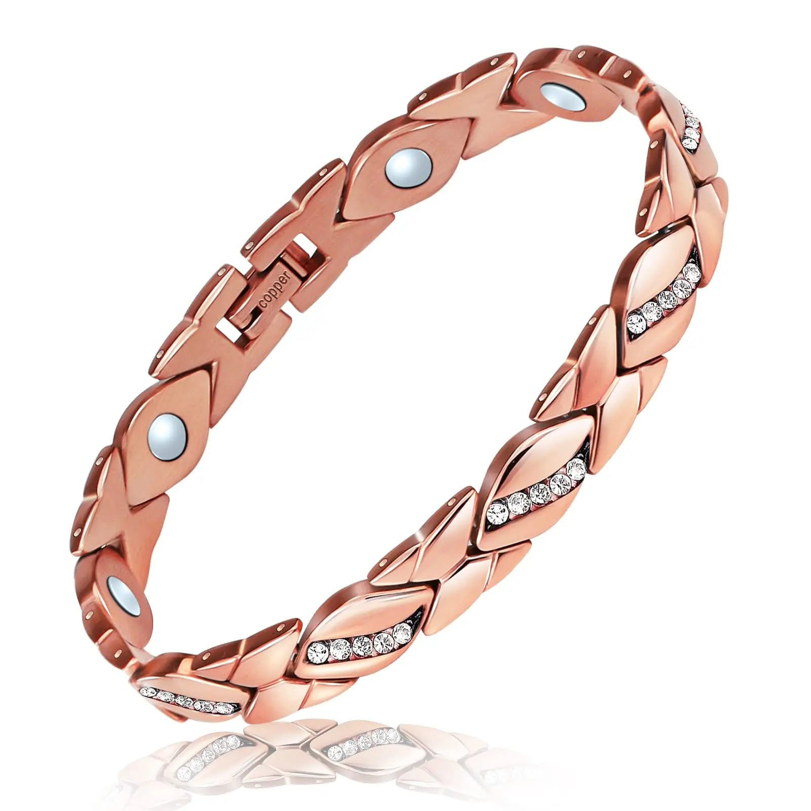 Women's Copper Magnetic Link Bracelet - Adjustable Crystal Rose Gold Minimalist Bangle Jewelry, All Seasons Daily Gift for Mom with Link Structure
