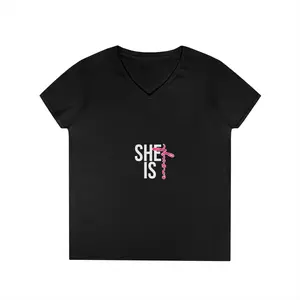 White/Pink She Is Enough V-Neck T-Shirt | Feminine Style, Motivational Shirt, Gift for Her, Casual Wear, Everyday Comfort