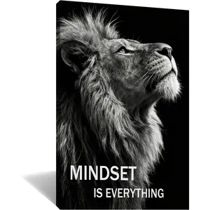 Mindset is Everything Motivational Canvas Wall Art Lion Black and White Textured Encourage Poster Printing Modern Minimalist Picture Decor for Offices Living Room Stretch to Hang [12''W x 18''H]