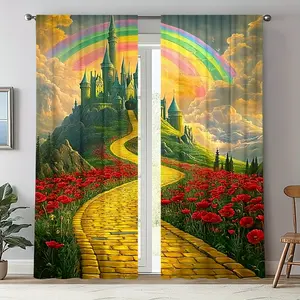 2pcs Enchanted Castle & Yellow Brick Road Printed Doorway Curtains – Whimsical Rod Pocket Panels with Rainbow Perfect for Living Room, Kitchen, Bedroom, Office Decor, Interior Decoration Accessories