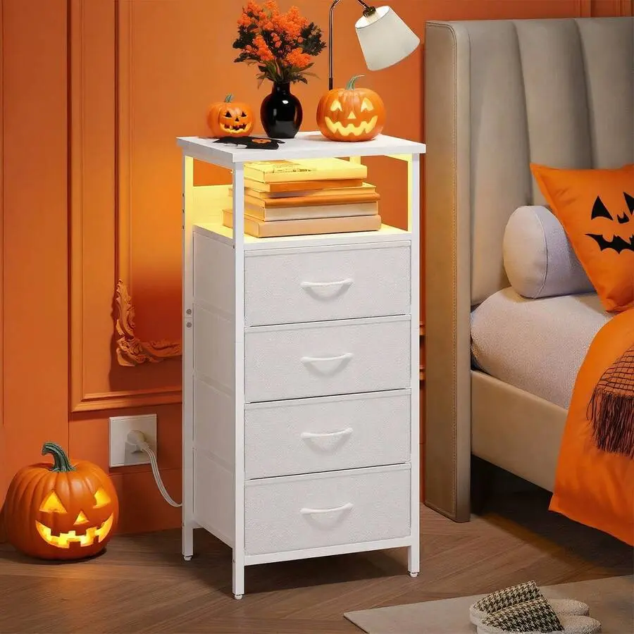 4 Drawers Night Stands  Charging Station, White Beside Table  U-S-B Ports And Outlets, 4 Fabric Storage Drawers  PU Finish, Small Dresser Bed Side Table, Dorm Room Essentials College, Halloween, Christmas Decor Mirrored Console with Inlay Marble Dining