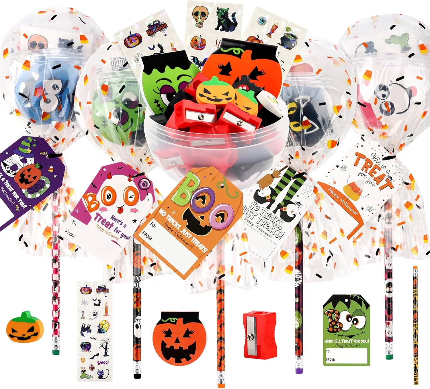 Halloween Classroom Favors Non Candy Lollipop Stationery Kit 28 Pack | Bulk Giant Lollipop Goodie Bags with Pencils Erasers Notepads Stickers for Kids Halloween School Party Gifts