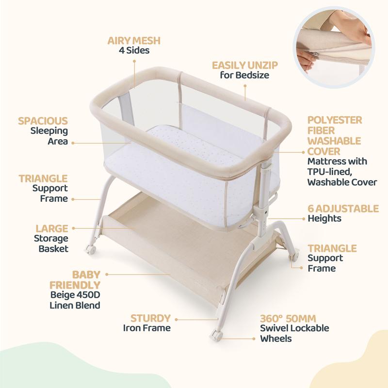 HARPPA Cuddly Lite 2-in-1 Baby Bassinet & Bedside Sleeper, storage Bassinet for Baby with Wheels & Storage Basket, Portable Crib, Breathable Mesh and Mattress, Height Adjustable