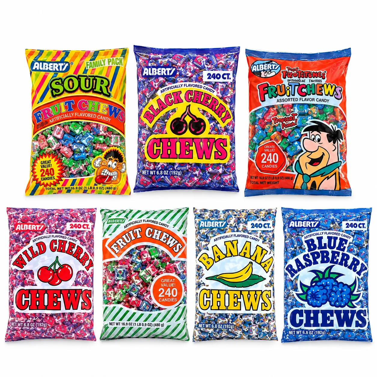 Albert’s Chews Bulk Chewy Fruit Candies Variety Pack (240 Pieces) - Mixed Fruit Flavors: Black Cherry, Flintstones Assorted, Wild Cherry, Banana, Blue Raspberry - Individually Wrapped Retro Sweets, Halloween Candy, Party Favors for Office