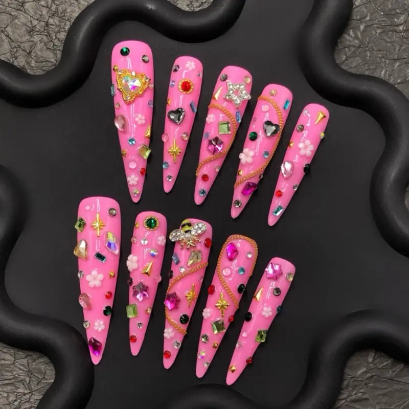 Smoreland｜Pink Long Coffin Rhinestone Press On Nails – Full Bling Fake Nails – Handmade Glitter False Nail Tips – Glam Manicure Set – Gift for Her
