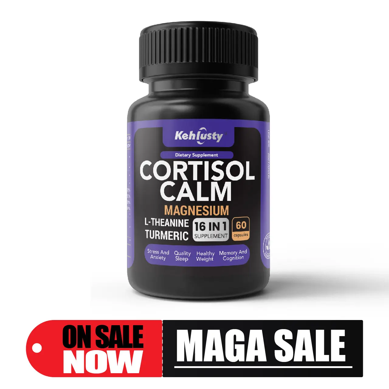 16-in-1 Edible Natural Cortisol & Stress Relief Vitamin Capsules, Dietary Supplement with Adaptogen Mix, Ashwagandha, L-Theanine - Adult Calmness, Sleep Support - 60 Count