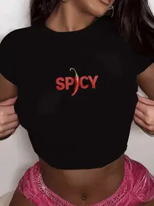 Women's Letter and Small Pepper Print Round Neck Crop Top, Casual Slim Fit Short Sleeve T-Shirt, Summer Daily Everyday Wear Clothing