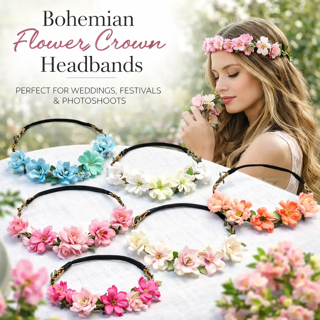 Women's 6-PCS Mixed Boho Rose Fabric Floral Crown Headband Set - Boho Hair Accessories, Flower Crowns for Brides, Teens (Office & School Event Accents)
