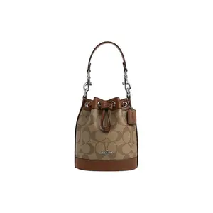 COACH Dempsey 14 Classic Vintage Monogram Drawstring PVC-and-Leather Bucket Bag for Women, Retro Style, Brown
