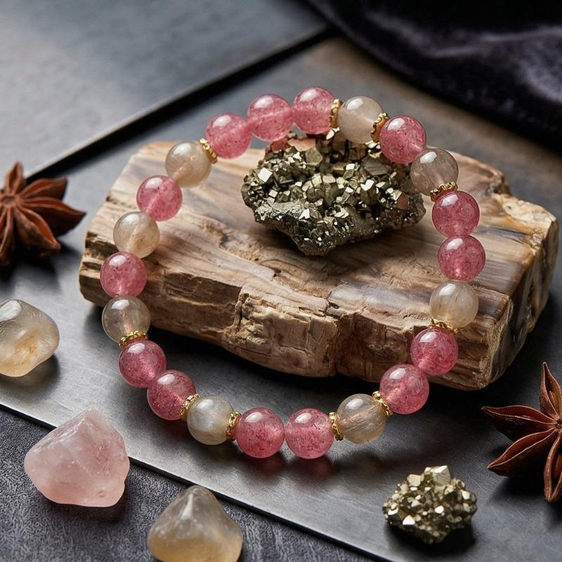 Strawberry Quartz & Golden Rutilated Quartz Bracelet Set – 8mm Natural Stone Beaded Jewelry, Attract Love Wealth Career, Unisex Daily Wear Gift Strawberry Quartz & Golden Rutilated Quartz Bracelet Set – 8mm Natural Stone Beaded Jewelry, Attract Love Wealth Career, Unisex Daily Wear Gift