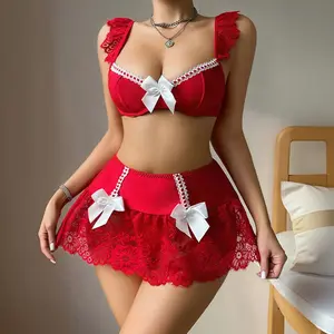 Women's Red Costume Lingerie Set with Lace Trimmed Bustier High-Slit Skirt