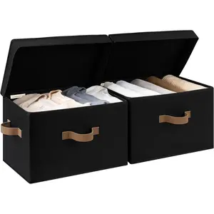Fabric Storage Bins with Lid, Decorative Storage Boxes for Shelves, Stackable Closet Organizer Basket with Handles, Large, Black, 2-Pack